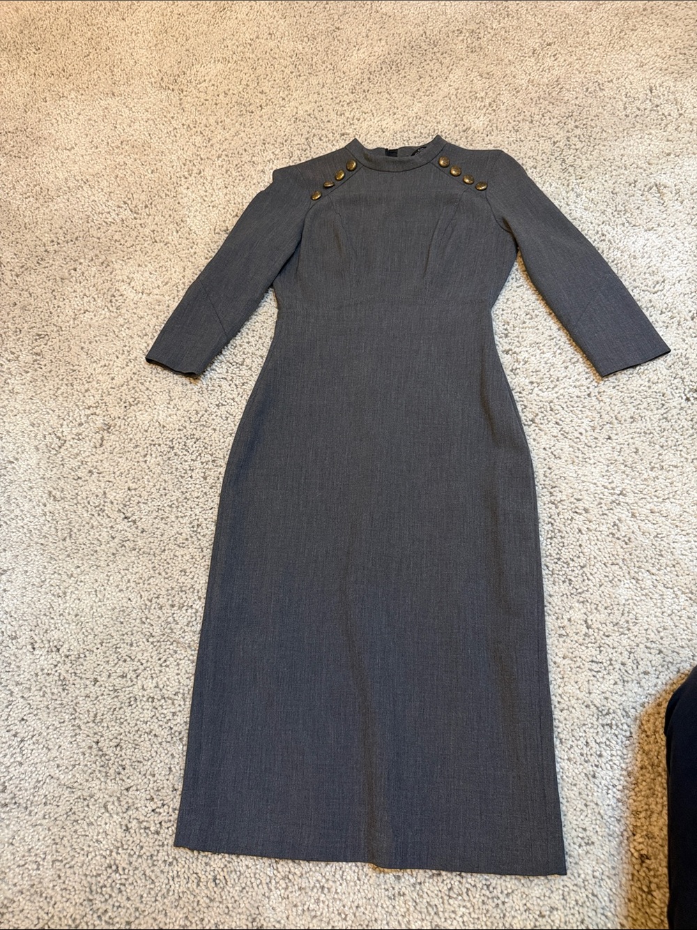 Zara Charcoal Gray Midi Sheath Dress with Gold Shoulder Buttons